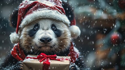 A cute panda wearing a Santa hat and red scarf, holding a gift box wrapped with a red ribbon,...