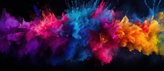 Obraz premium Captured moment of vibrant colored powder blast on a dark backdrop creates an abstract, vivid copy space image.