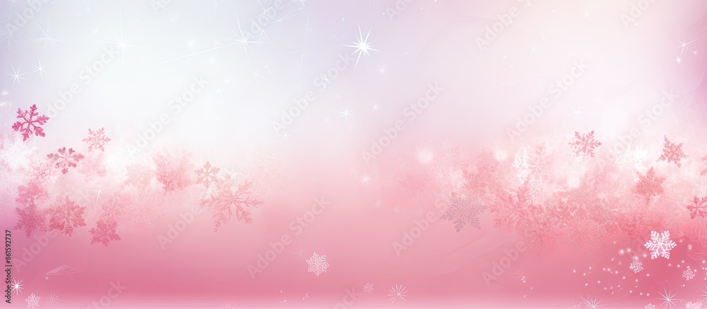Poster Background for Christmas with pink hues featuring delicate snowflakes, ideal for framing text or other elements, with ample space for inserting images.