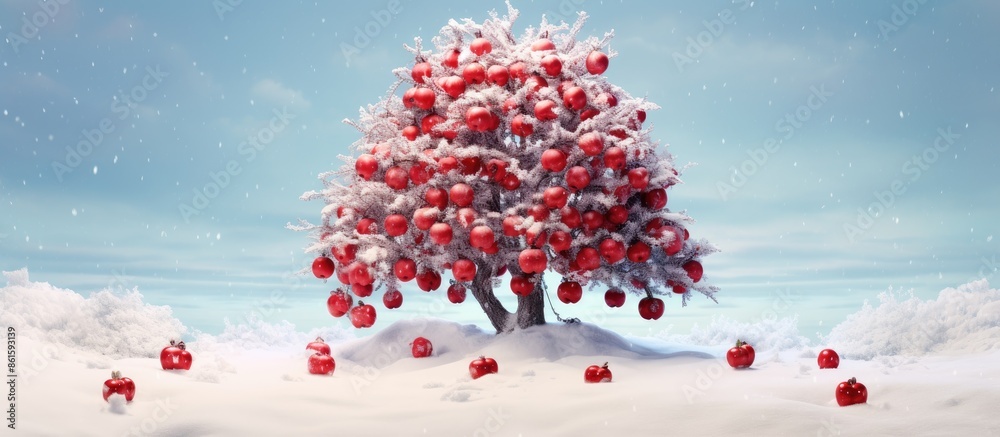 Aufkleber A festive Christmas scene with a red tree crafted from berries and apples atop snow, creating a picturesque setting with copy space for an image.