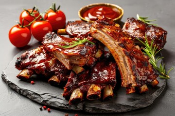 Delicious barbecued ribs with fresh tomatoes and sauce on a slate platter, garnished with herbs. Perfect for food photography and culinary showcases.