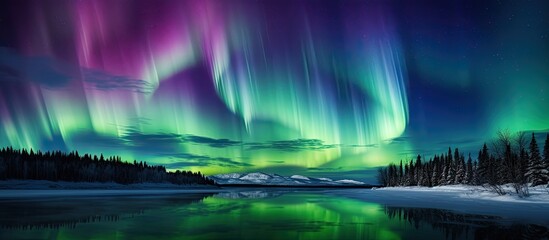 A stunning Northern Lights show with colorful streaks of pink, green, and blue against a starry night backdrop. Includes copy space image.