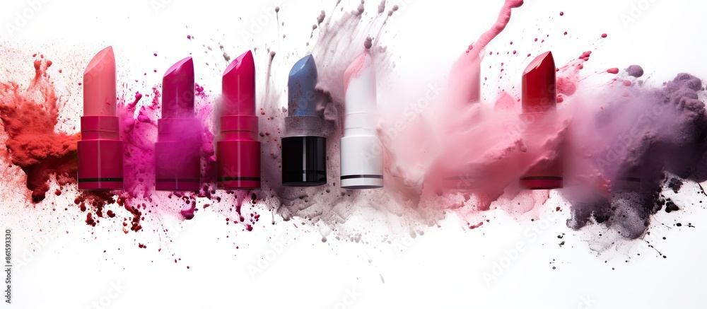 Poster Assorted lipstick smudges creating a textured cosmetic concept on a white backdrop for copy space image.