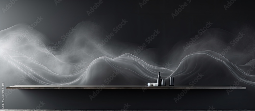 Poster Abstract black and white textured wall with blur effect and light refraction, creating a smoky horizontal background with ample copy space image.