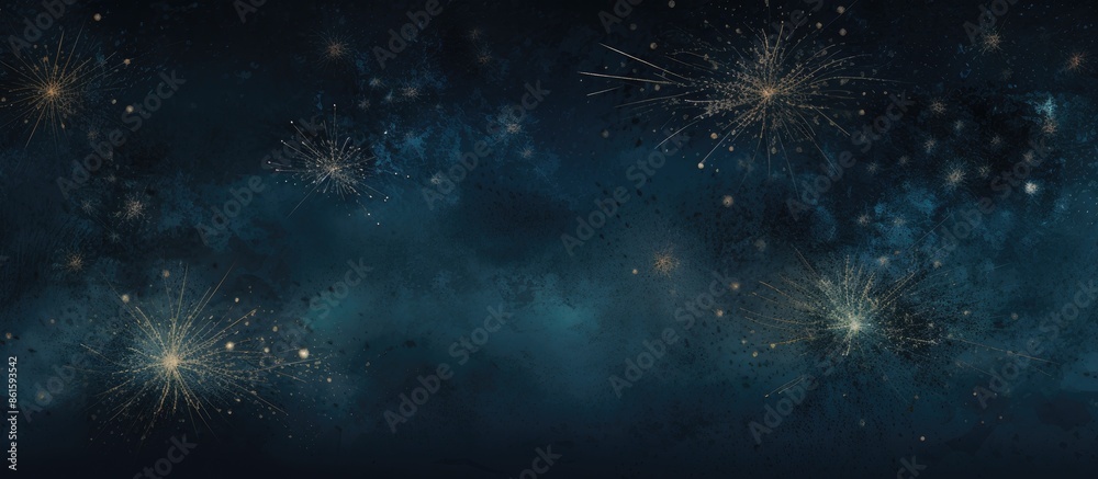 Poster Panoramic banner with rustic dark blue texture capturing long fireworks during the night with a top view perspective and empty space for text. with copy space image. Place for adding text or design