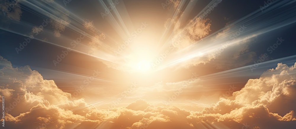 Poster capture of sun rays in the sky peeking through clouds, creating a scenic nature background in a high