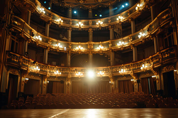 Fototapeta premium Wide shot of an Empty Elegant Classic Theatre with Spotlight Shot from the Stage. Well-lit Opera House with Beautiful Golden Decoration Ready to Recieve Audience for a Play or Ballet Show