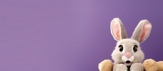 Fototapeta premium Beige plush bunny with big ears and a comical face on a purple backdrop, with available copy space image.