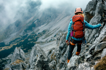 Obraz premium woman climber on her back on snowy mountain top