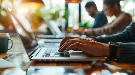 A group of professionals working on laptops, focused on their tasks in a modern shared workspace.