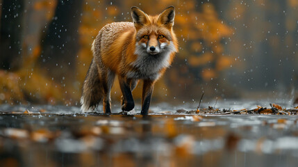 Fototapeta premium A fox is walking on the river bank