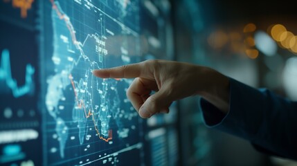 Hand pointing at a digital stock market chart on a touchscreen, showcasing market trends and data.