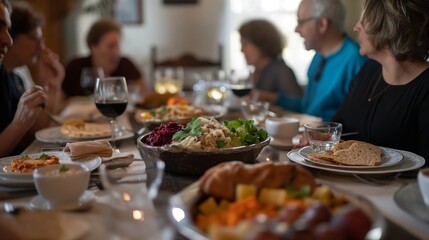 A family sits around a dinner table with blurred faces, enjoying a meal featuring various dishes, depicting togetherness, home-cooked food, and conversation.