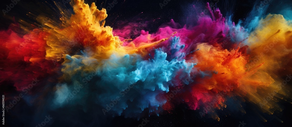 Poster Dynamic burst of colorful powder frozen in motion against a dark backdrop with black glitter, creating an abstract and visually stunning copy space image.