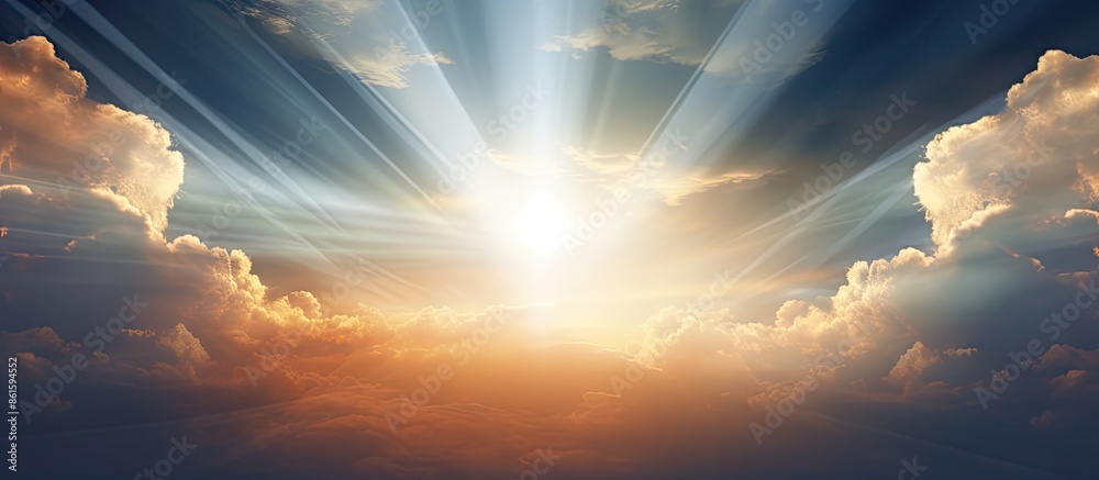 Poster Capture of sun rays in the sky peeking through clouds, creating a scenic nature background in a high-quality copy space image.