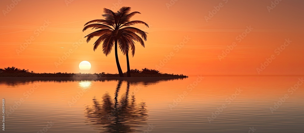Poster a serene sunrise setting with a palm tree and pond reflecting light, perfect as a copy space image.