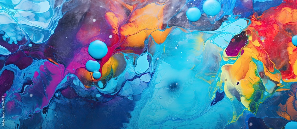 Poster ebru art creates a colorful abstract background with paint stains on water, ideal for copy space ima
