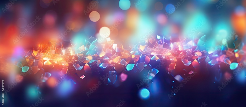Poster Colorful blurred bokeh lights create an abstract background with various sparkles and particles in different sizes, providing a screen for text or logos. with copy space image