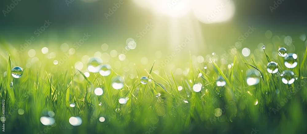 Poster Soft focus on dew-covered lush green grass backlit by sunlight, creating sparkling bokeh balls with background blur, ideal as a copy space image.