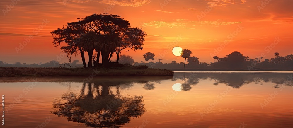 Poster A serene sunrise setting with a palm tree and pond reflecting light, perfect as a copy space image.