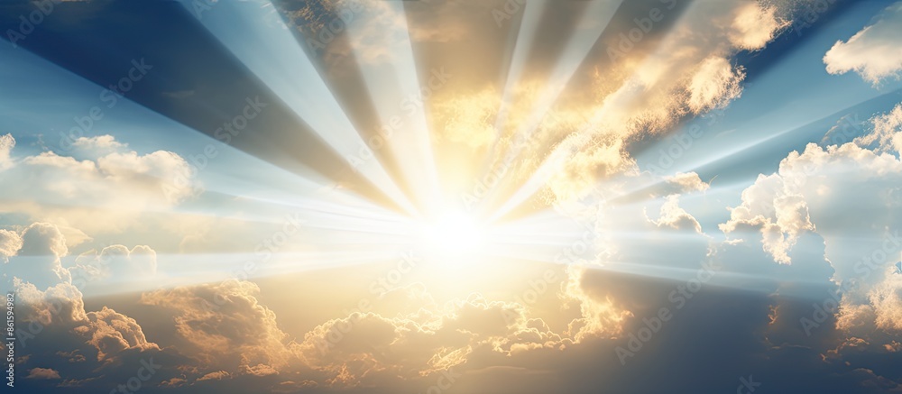 Poster Capture of sun rays in the sky peeking through clouds, creating a scenic nature background in a high-quality copy space image.