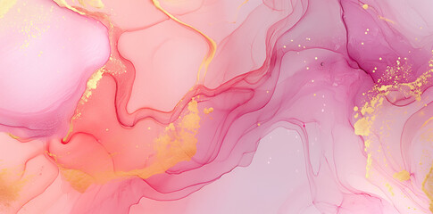 Fototapeta premium Luxe Abstract Pink Marble Stone Ink: Fluid Painted Texture, Blossom Flower Swirls, Gold Lines