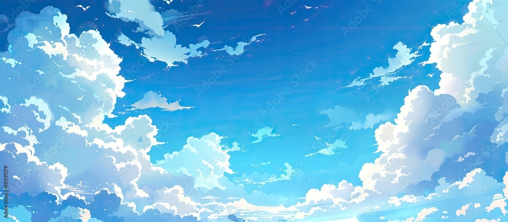 Poster Sunny blue skies with fluffy white clouds provide a picturesque background ideal for text placement in an airy atmosphere. with copy space image. Place for adding text or design