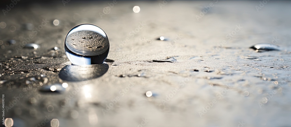 Poster close-up of a water droplet on a concrete surface with copy space image available.