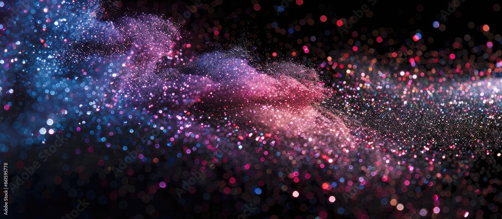 Aufkleber Freeze motion of multicolored glitter texture exploding, creating an abstract powdery splatter on a black background with copy space image.