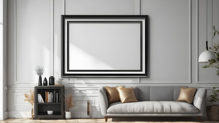  Artifical Intelligence generated image of interior with empty frame.   Blank picture frame hanging on wall, AI generated image