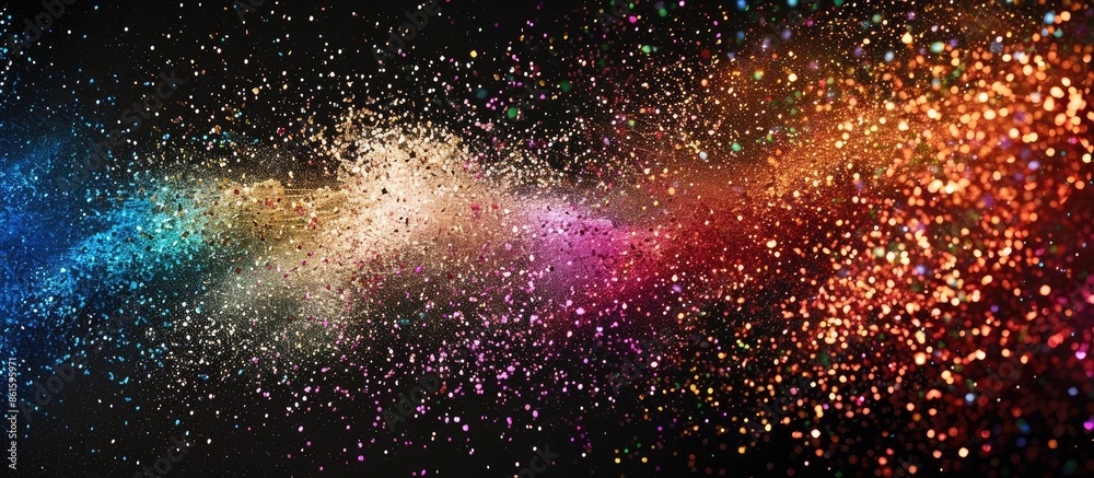 Aufkleber Freeze motion of multicolored glitter texture exploding, creating an abstract powdery splatter on a black background with copy space image.