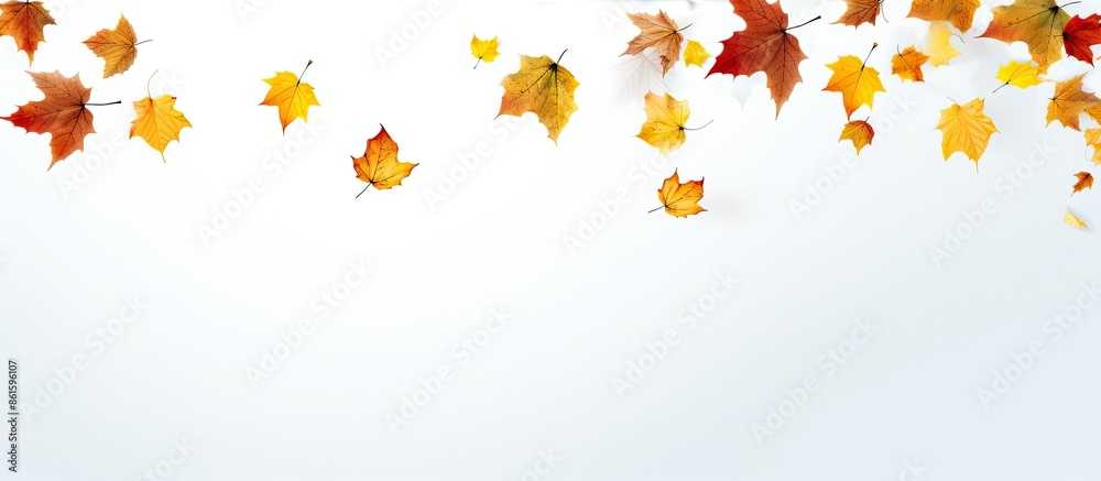 Leinwandbilder White background with falling leaves in autumn creating a copy space image for text.
