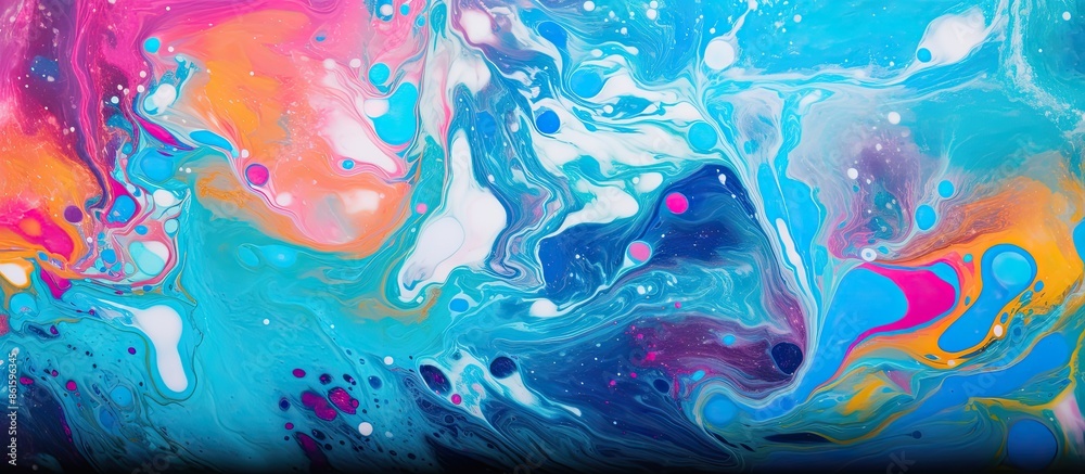Poster ebru art creates a colorful abstract background with paint stains on water, ideal for copy space ima