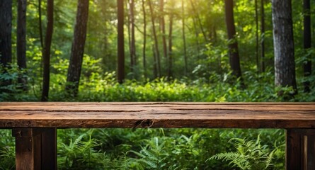 rustic wooden table and, in the background, a forest clearing blurred with nature, dense foliage, vegetation, and sky, to use as a background for products.