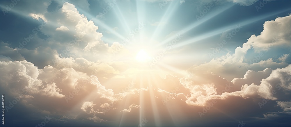 Aufkleber Capture of sun rays in the sky peeking through clouds, creating a scenic nature background in a high-quality copy space image.