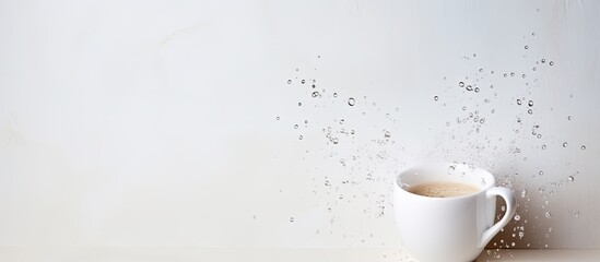 Fototapeta premium White paper with a wet coffee mug showcasing coffee droplets offers a suitable backdrop for a copy space image.