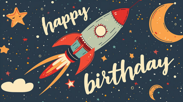 Retro rocket with Happy Birthday text