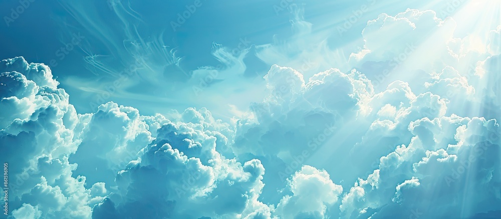 Leinwandbilder sunlight filtering through clouds in a blue sky creates a serene atmosphere in the copy space image.