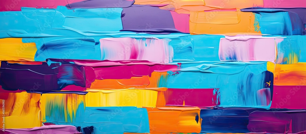 Poster Colorful brush strokes create an abstract pattern on a wall with geometric lines, serving as a background for wallpaper and design, perfect for a copy space image.
