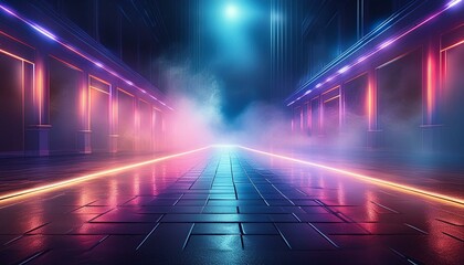 Wet asphalt road, neon lights, searchlights, smoke. Abstract light in dark empty street at night.