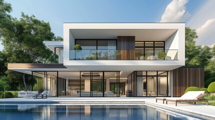 A modern house with a swimming pool in the foreground.