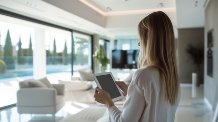 A woman using a tablet to control various devices in a modern, smart home