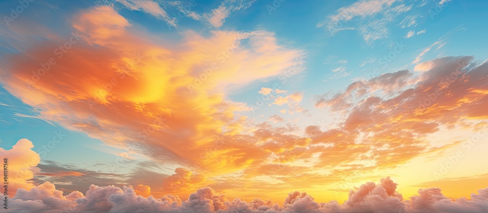Poster vibrant yellow and orange clouds contrasting with the colorful blue sky, creating a picturesque scen