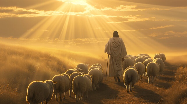 Shepherd with Flock of Sheep in Golden Sunset over Rolling Hills
