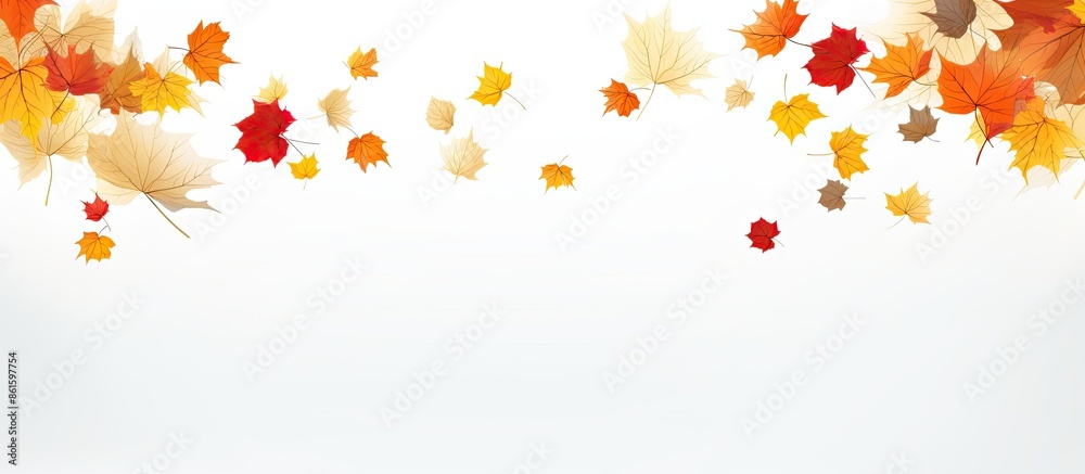 Leinwandbilder White background with falling leaves in autumn creating a copy space image for text.