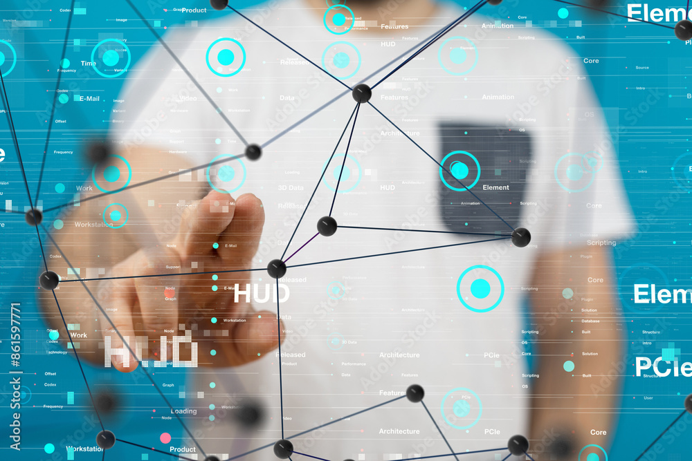 Poster Neural network 3D illustration. Big data and cybersecurity