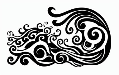 A black and white drawing of a wave with a spiral design