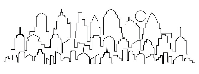 Light gray cityscape background. City buildings with trees at park view. Monochrome urban landscape with street. Modern architectural panorama in flat style. Vector illustration horizontal wallpaper