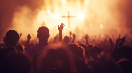 Fototapeta premium Crowd Worshiping with Raised Hands in Front of Glowing Cross 