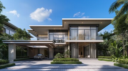 Fototapeta premium A Two-Storey Home With A Balcony, Large Windows And Natural Landscape. 